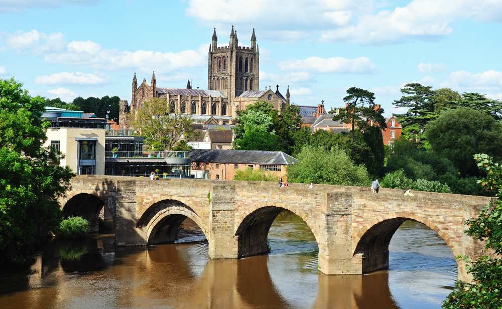 View of the Cathedral, the Wye Bridge and the River Wye, Hereford, Herefordshire, England.
