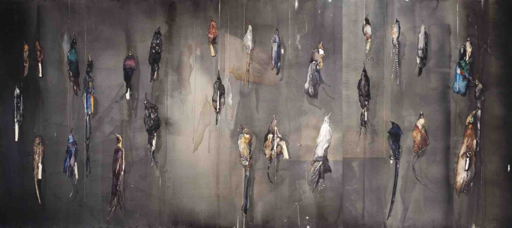 AKVARELL: I stort format 101 x 230 cm av Lars Lerin: Paradisfågler / Paradise Birds