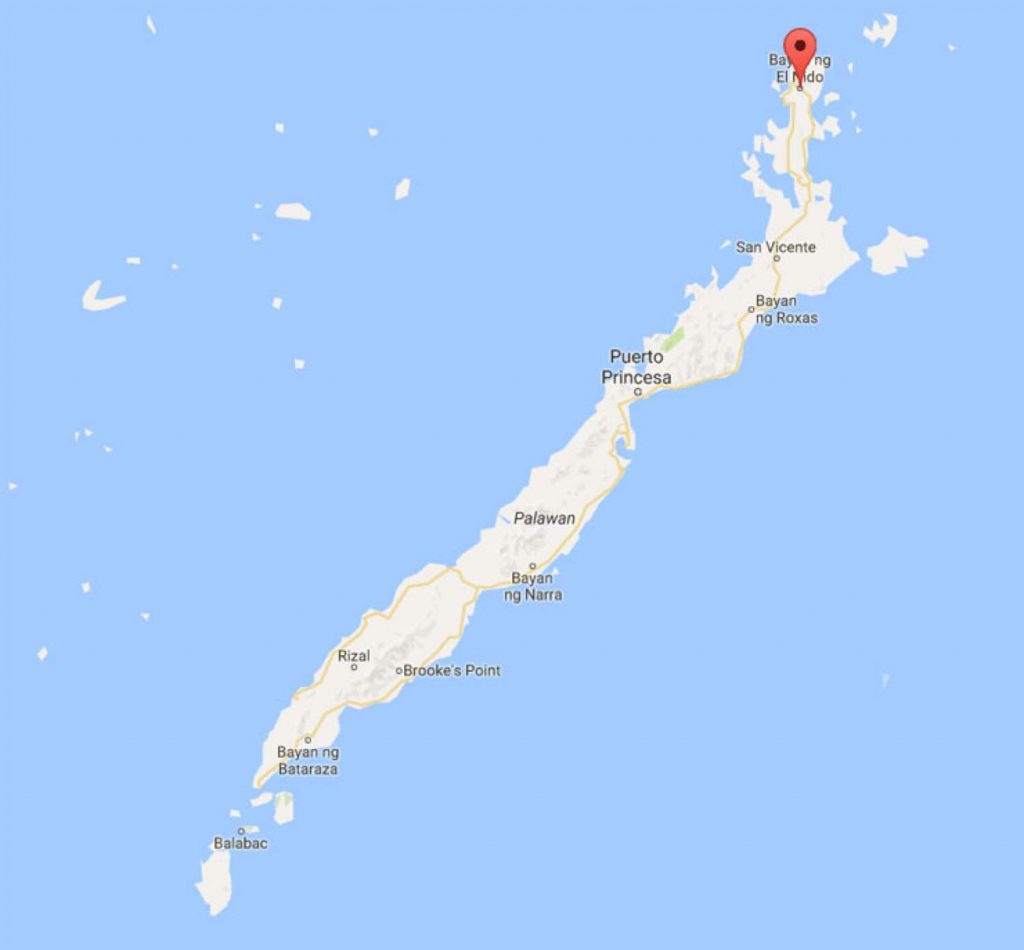 Kart over den lange øya Palawan på Filippinene. El Nido ligger øverst.