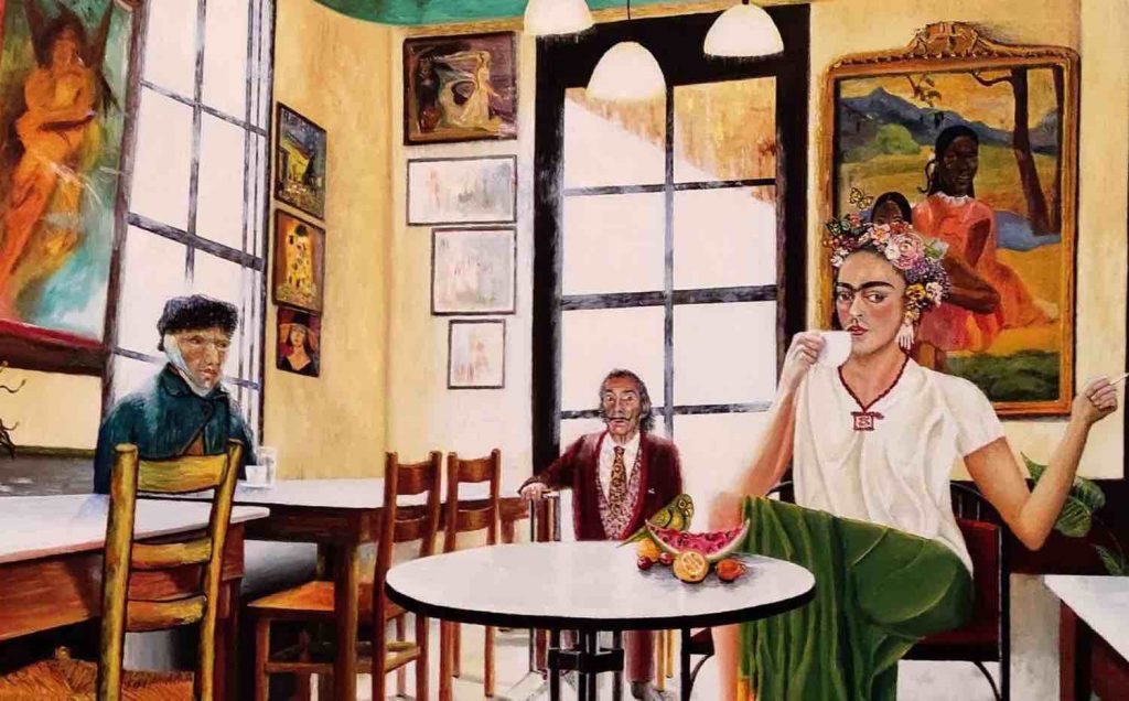 Her sitter kunstnerne: Van Gogh, Dali og Frida Kahlo.